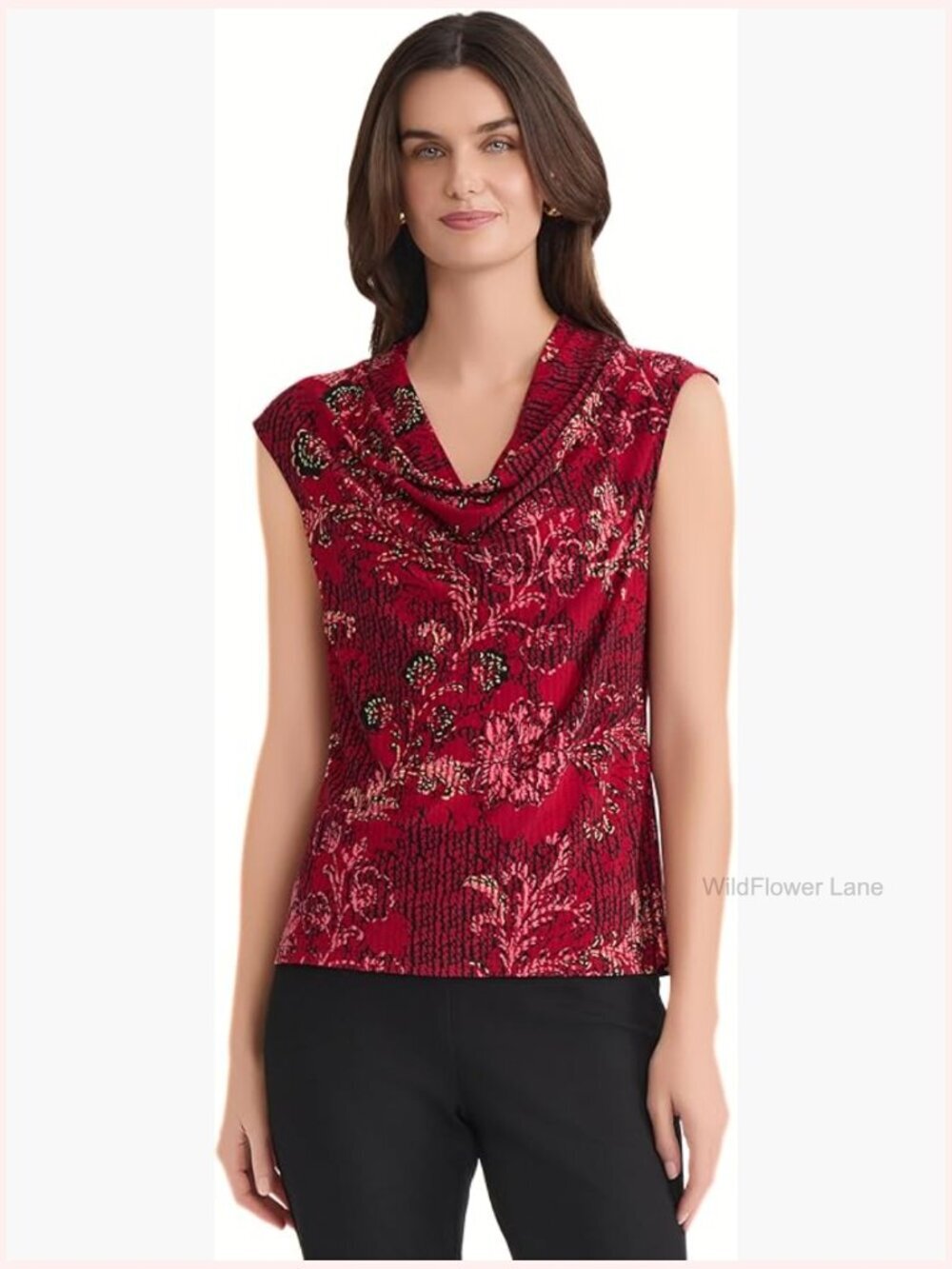 Floral Print Cap Sleeve Cowl Neck Jersey Top